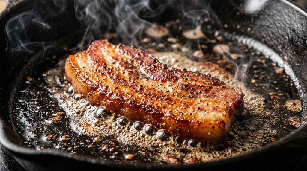 鉄フライパンで自身の脂でカリッと香ばしく焼き上がる厚切り自家製ベーコンステーキ