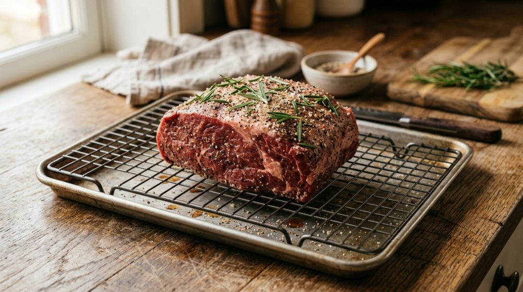 正確に1パーセントの塩と胡椒を擦り込み室温に戻している牛ももブロック肉