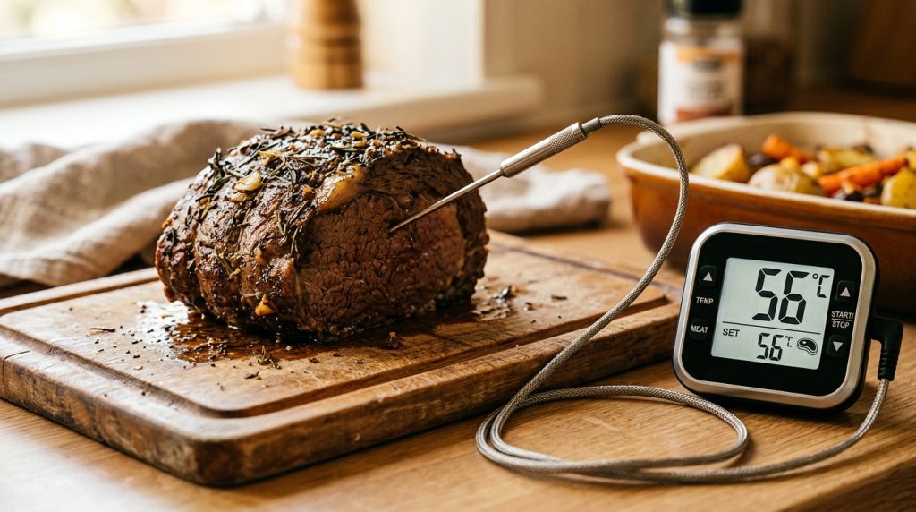 肉の中心部にプローブを刺して庫外から中心温度をリアルタイム監視できるデジタル芯温計