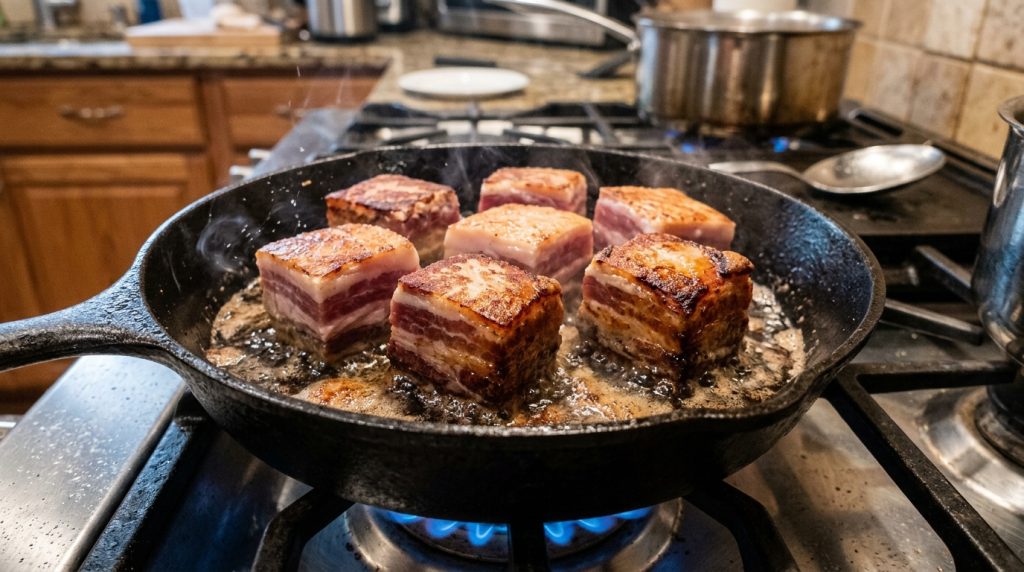 5cm角にカットした豚バラブロックをフライパンで香ばしく焼き付けている様子