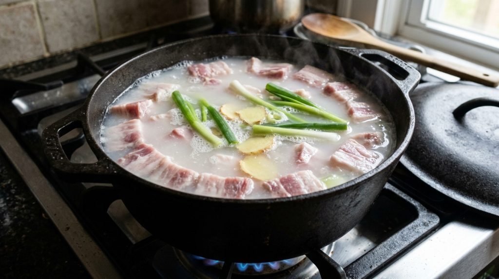 鋳物鍋の中で米のとぎ汁を使い弱火85度で静かに下茹でされる豚バラ肉