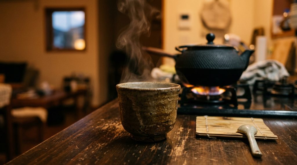 角煮を弱火で煮込む休日の午後に楽しむこだわりの焼酎お湯割りと和の空間