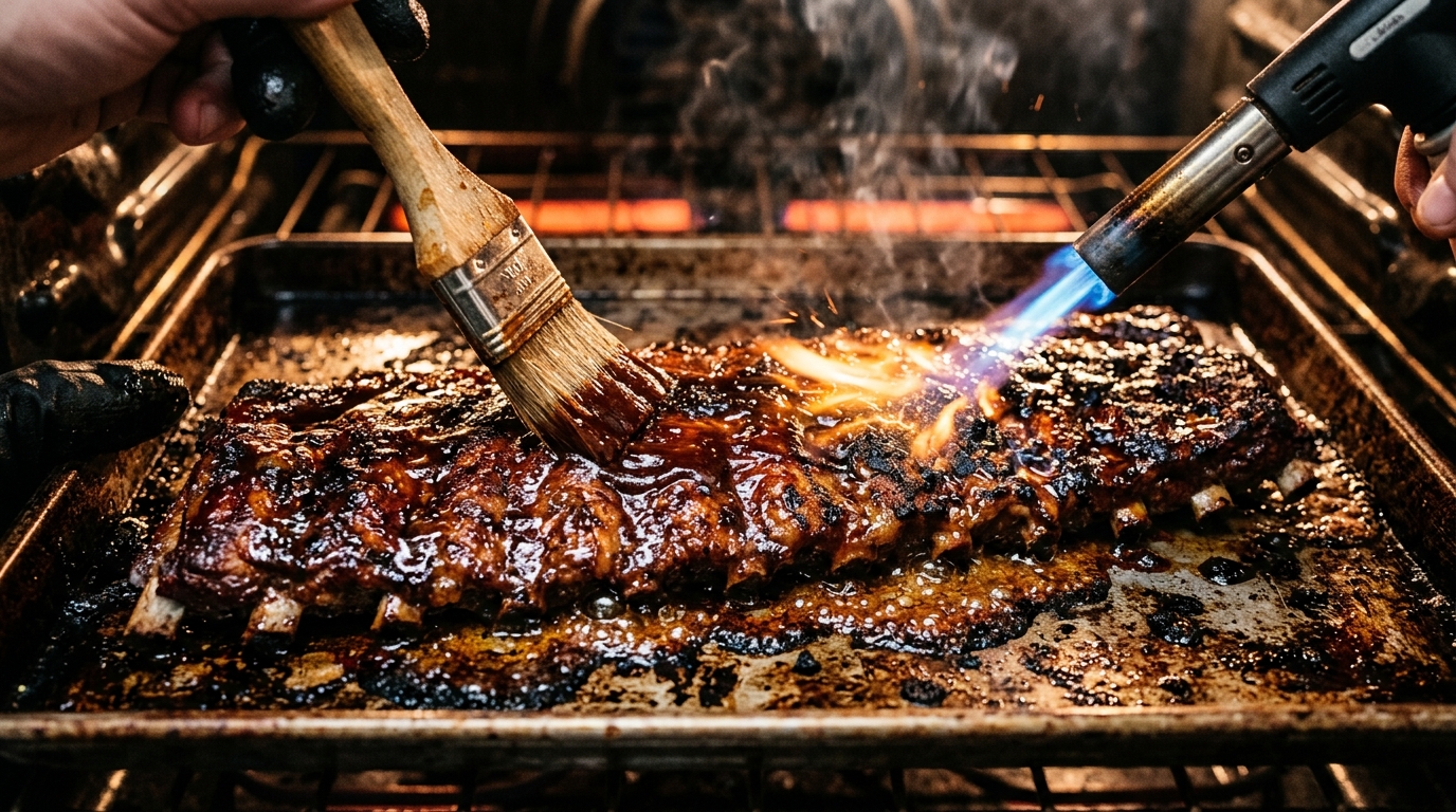 特製BBQソースを刷毛で塗りオーブンでキャラメリゼ焼きする工程